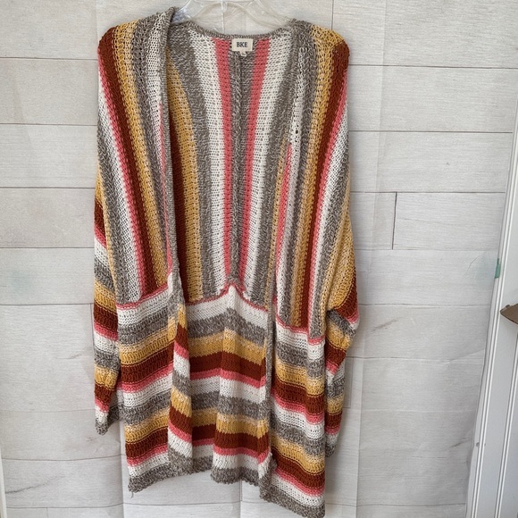 BKE Sweaters - BKE Women's Striped Cardigan in Rust, Gold, Taupe and beige.Size Large